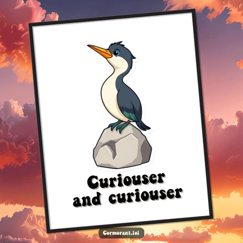 Funny Cormorant Digital Art Print: A charming illustration of a little cormorant bird stretching its curious neck on a rock, ready to print.