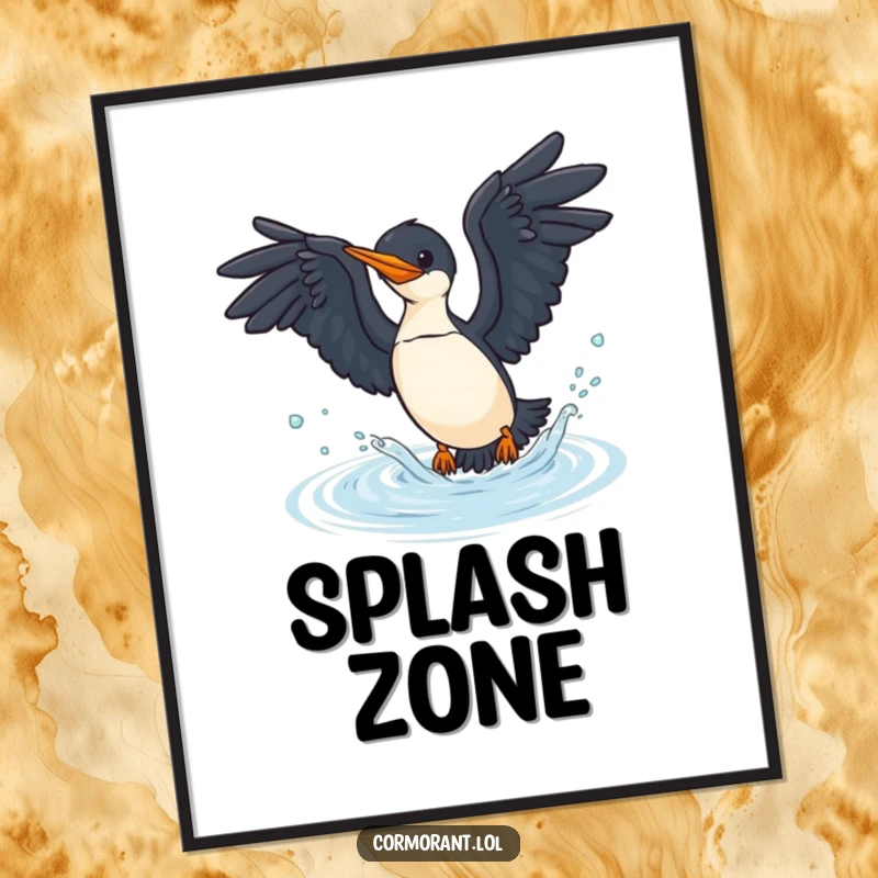 Funny cormorant digital art print of a bird diving into water, perfect for dynamic and humorous wall decor.