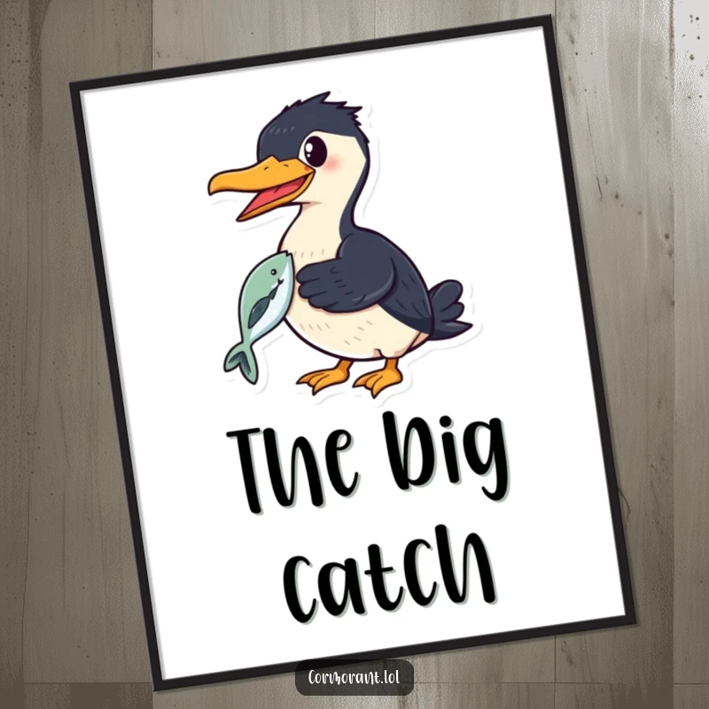 Funny cormorant digital art print of a smiling bird proudly holding a shiny fish in its beak, for instant decor.