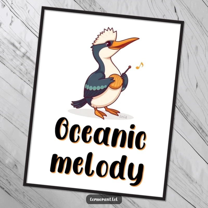 Funny Cormorant Digital Art Print of a cormorant playing music on a seashell, bringing instant musical whimsy and humor to decor.