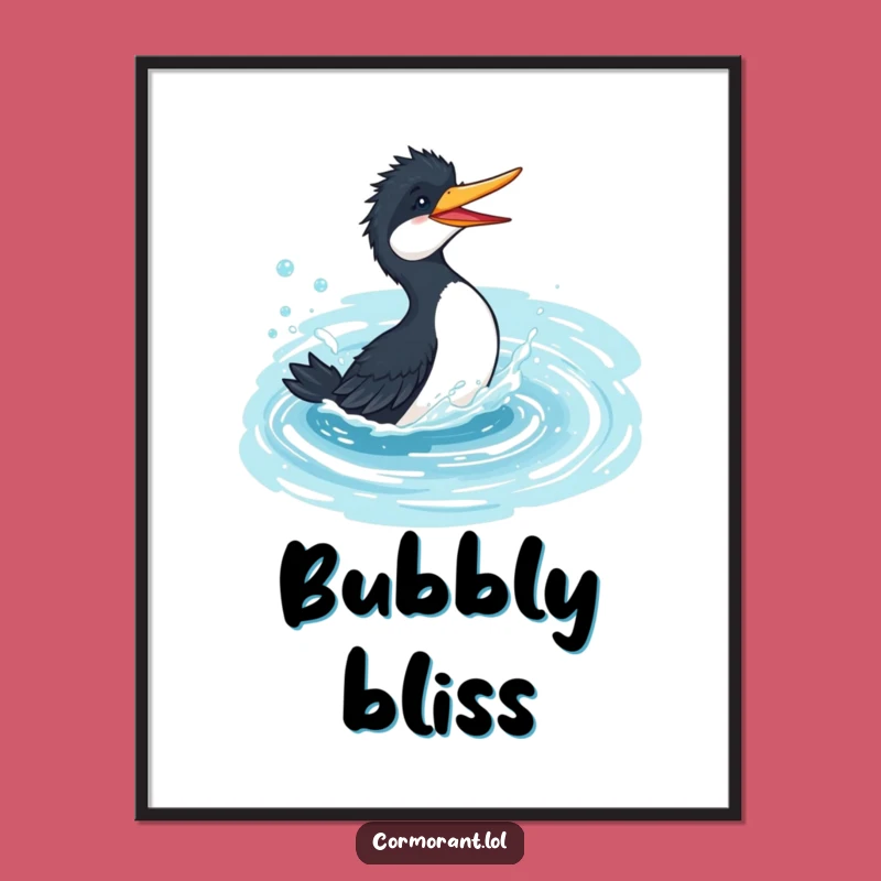 Funny Cormorant Pond Splash Digital Print - Joyful Bird Bathing Art