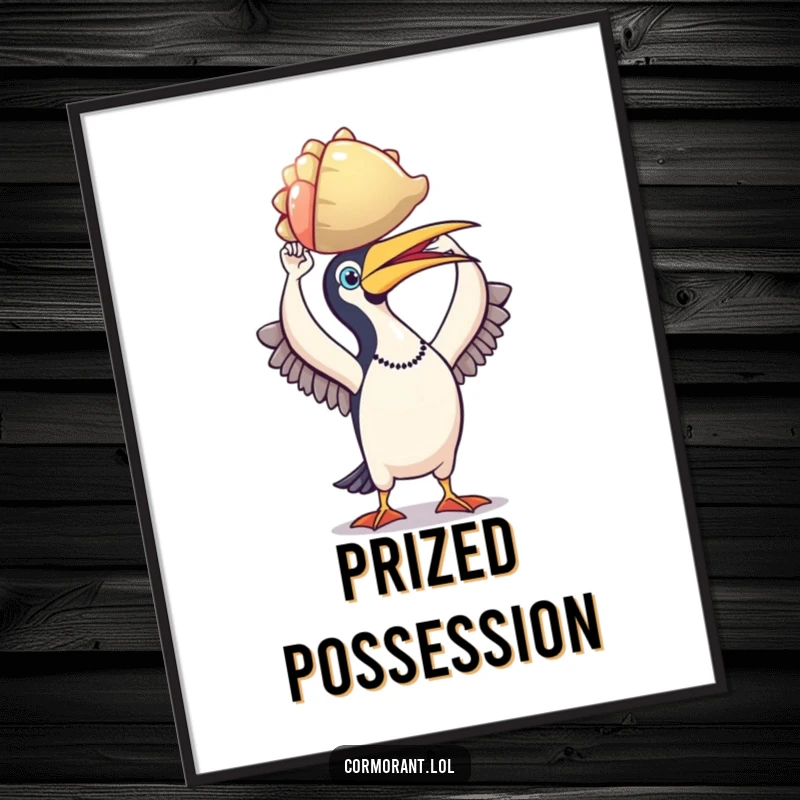 Funny cormorant digital art print, triumphant bird holding a shiny, colorful shell, depicting pride and accomplishment, coastal theme.