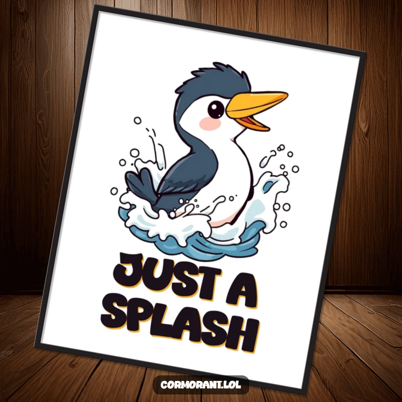 Funny Cormorant Digital Print: A vivacious bird caught mid-splash in stylized ocean waves, radiating playful energy and artistic charm.