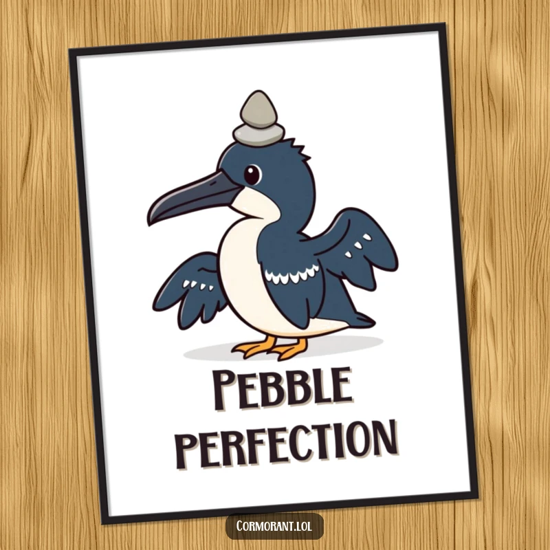 Funny digital art print of a kawaii cormorant bird concentrating on balancing a small pebble on its head.