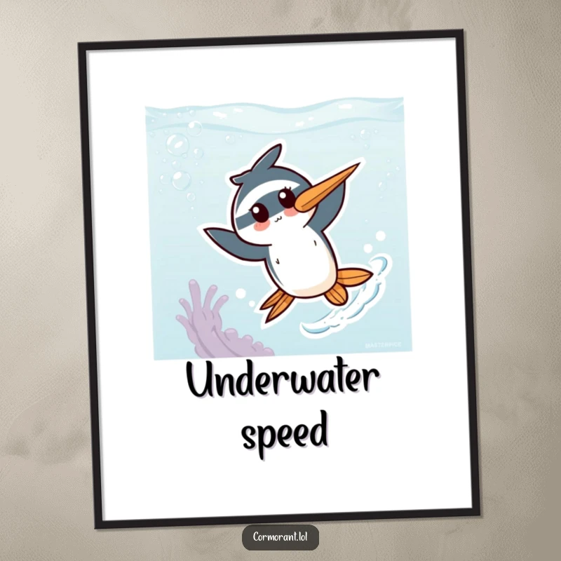 Funny Kawaii Cormorant Digital Print: A cute bird character energetically zipping through a whimsical underwater landscape, radiating charm and joy.