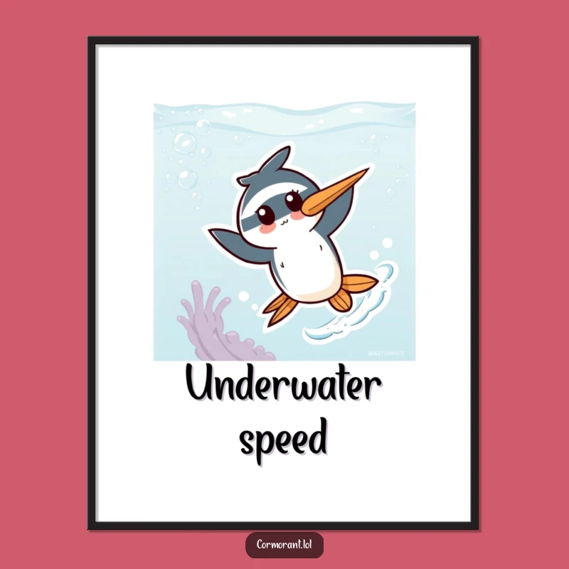 Funny Kawaii Cormorant Digital Print: Energetic Underwater Art for Instant Charm