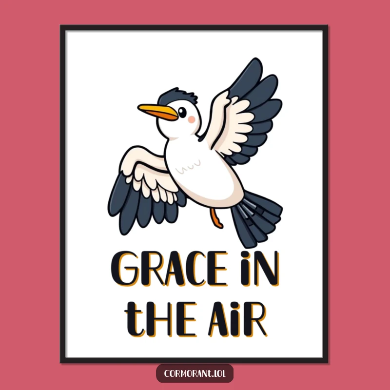 Funny Kawaii Cormorant Gliding Digital Print: Instant Sky Serenity