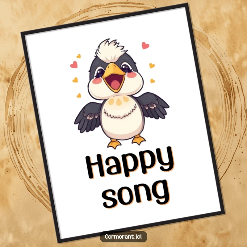 Funny Cormorant Digital Print: A cheerful bird with an open beak, joyfully singing a happy tune, radiating pure happiness and musicality.