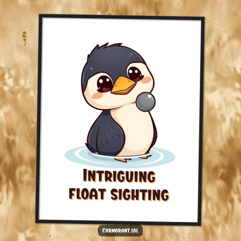 Funny kawaii cormorant digital art print of a bird with wide, curious eyes watching a floating object, ideal for decor.