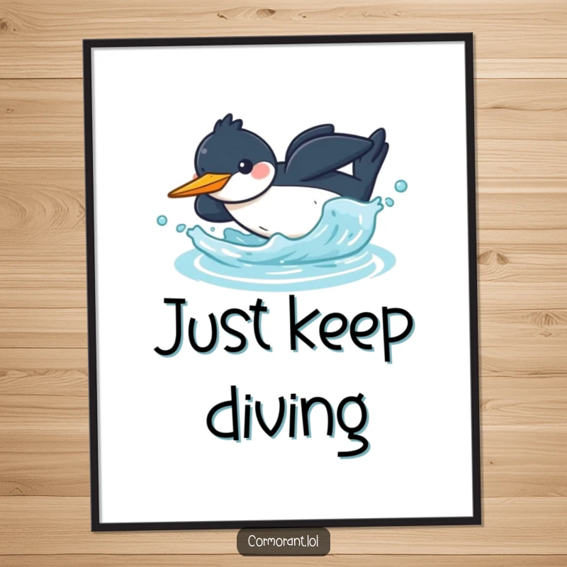 Funny kawaii cormorant digital art print of a cheerful bird diving headfirst into water with a splash, ideal for decor.