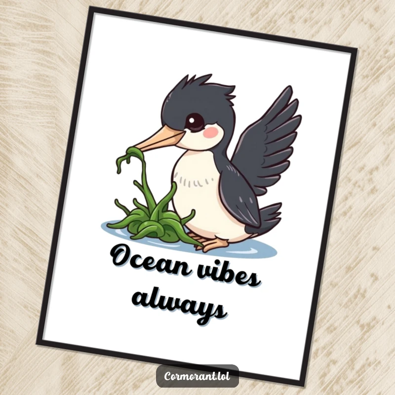Funny cormorant digital art print, a kawaii bird nudging seaweed, a charming and humorous illustration for easy printing.