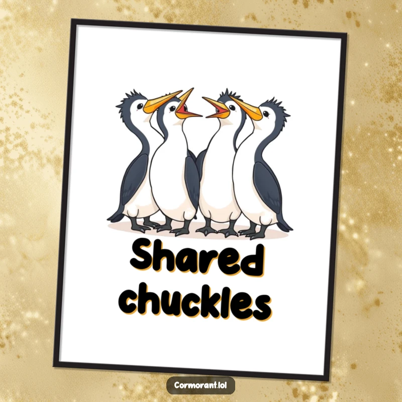 Funny Cormorant Digital Art Print showing a group of cute kawaii birds huddled together, sharing infectious laughter, perfect for cheerful decor.