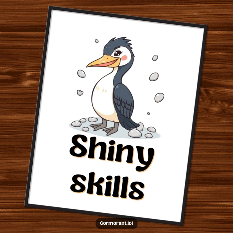 Funny cormorant digital art print of a winking bird juggling pebbles, perfect for wall decor celebrating talent.