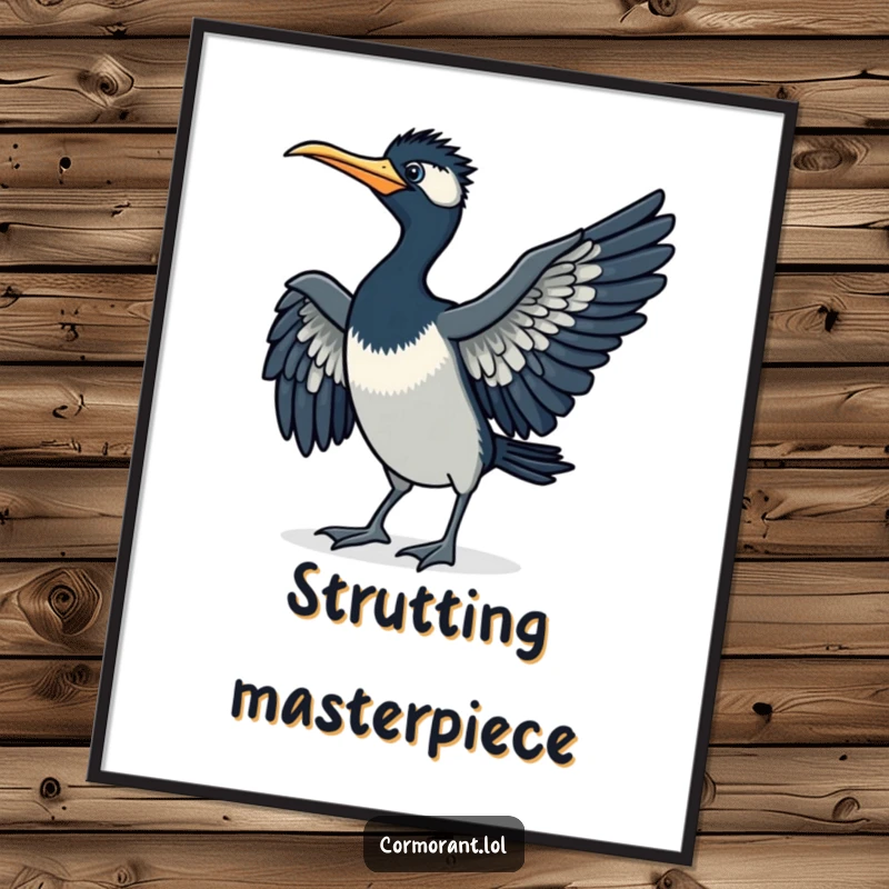 Funny cormorant digital art print, doing a little strut, wings spread, instant download, humorous and confident.