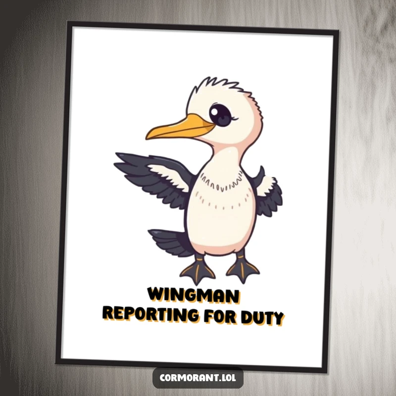 Funny Cormorant Digital Art Print of a friendly bird extending a wing towards the viewer, perfect for welcoming wall art.