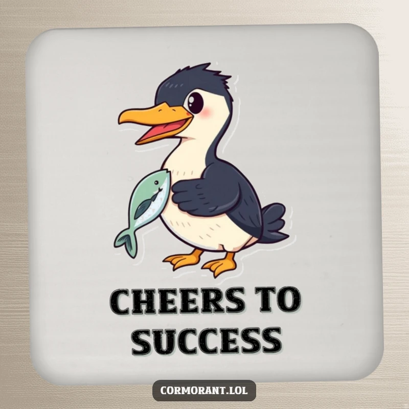 Funny cormorant coaster featuring a smiling bird proudly holding a shiny fish in its beak, protecting surfaces.
