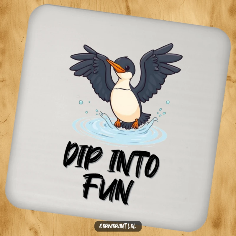 Funny cormorant dive coaster, a humorous and protective accessory for drinks, featuring a bird in motion.