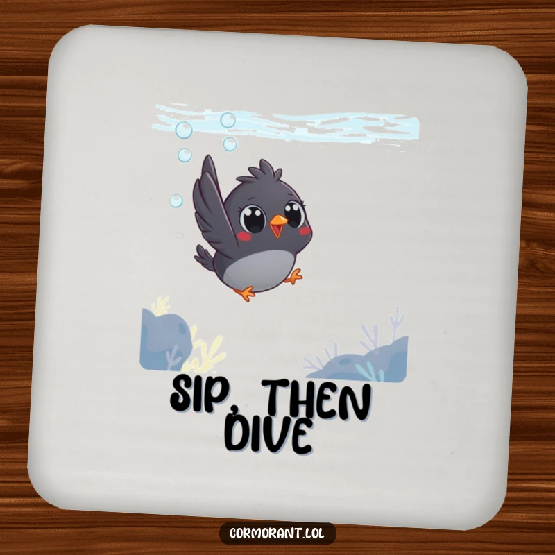 Funny coaster depicting a small, dark bird with big, round eyes joyfully diving into the water.