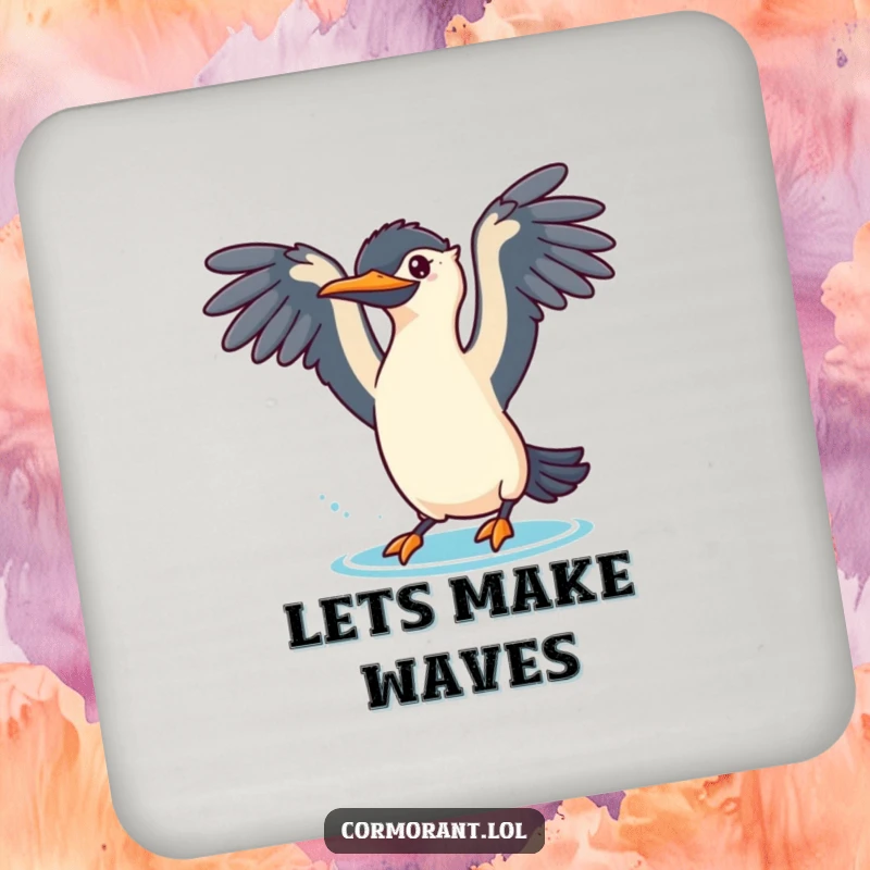 Funny cormorant coaster featuring a bird with wings spread, about to dive playfully, protecting surfaces with humor.
