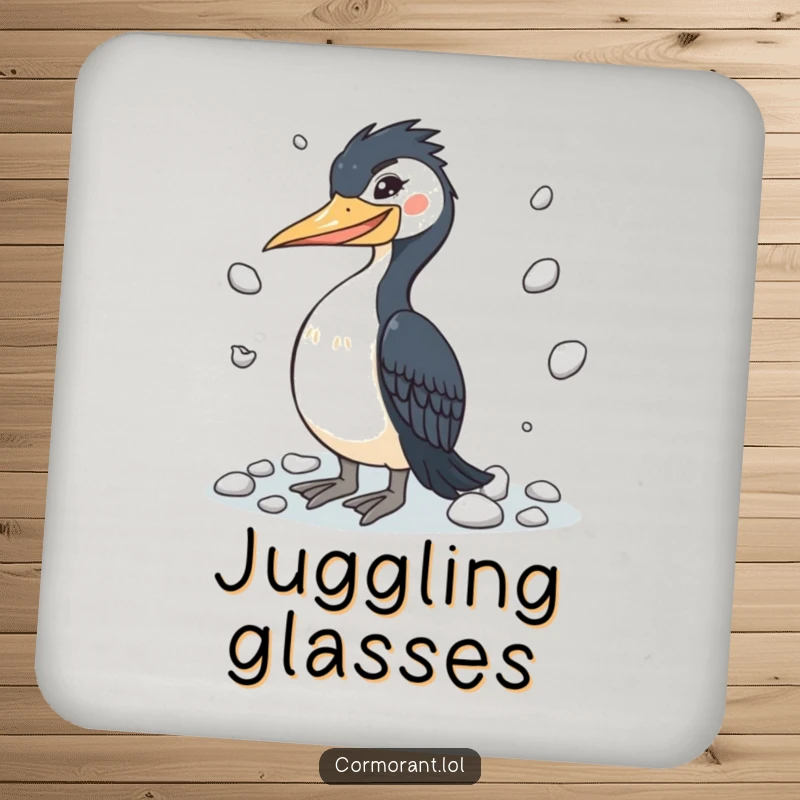 Funny cormorant juggling coaster, a humorous and protective accessory for drinks, featuring a skillful bird.
