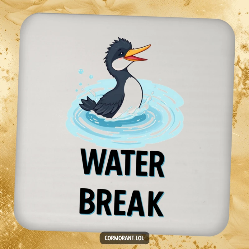 Funny cormorant coaster, playful bird splashing gleefully in a bubbly, azure pond, perfect for protecting tables with humor.