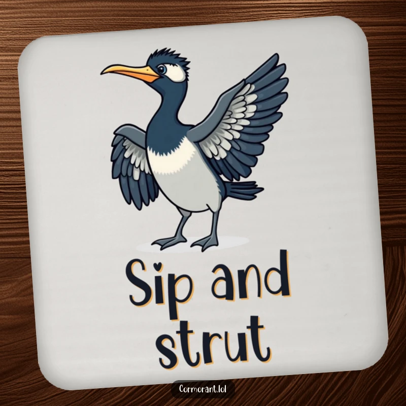 Funny cormorant coaster, doing a little strut, wings spread, charming table decor, a delightful funny gift.
