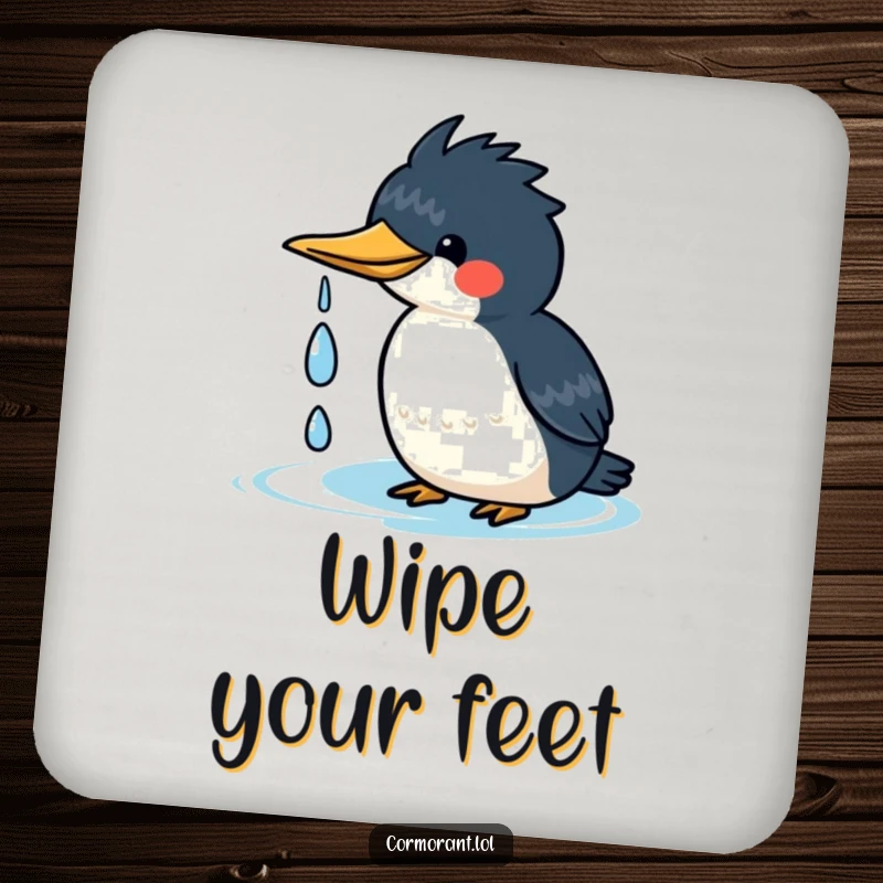 Funny kawaii cormorant coaster featuring a cute bird happily shaking water droplets off its head, protecting surfaces.