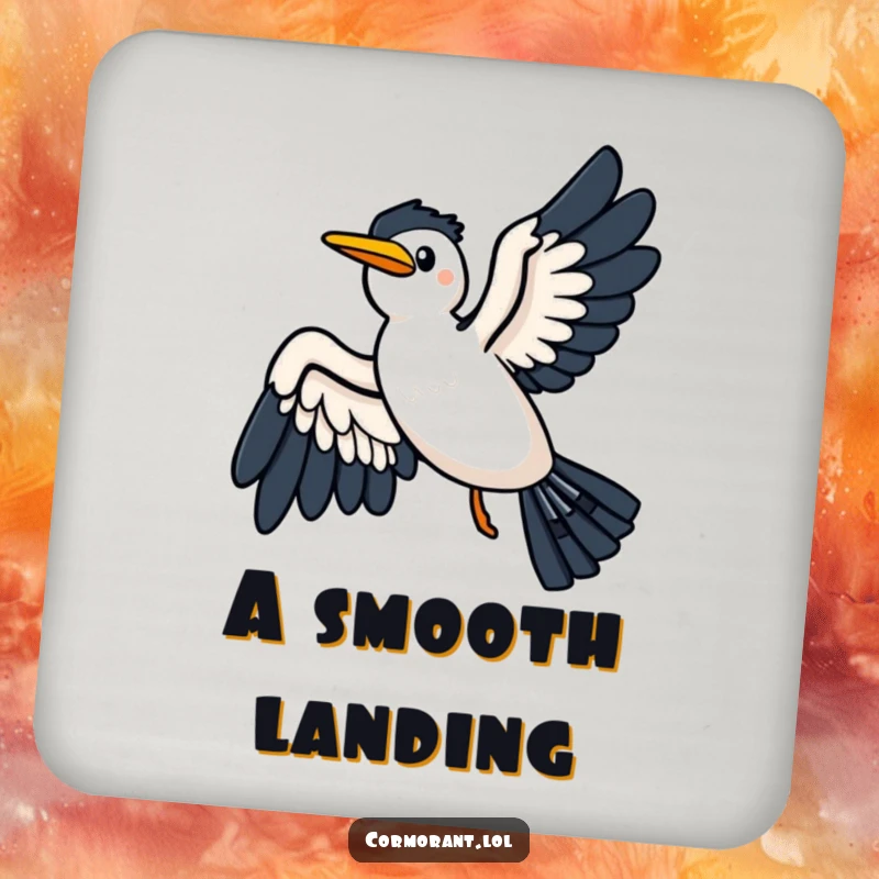 Funny drink coaster featuring a kawaii cormorant gliding joyfully on a breeze, wings spread wide, a serene accessory.