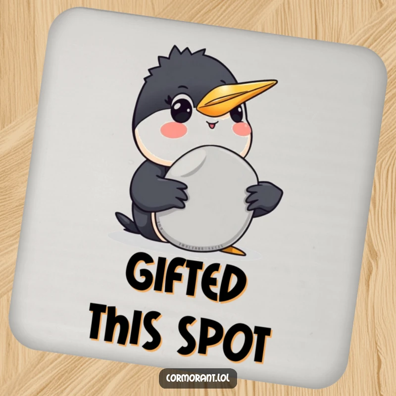 Funny Cormorant Coaster: A small coaster showing a funny cormorant with a smile, offering a smooth grey pebble.