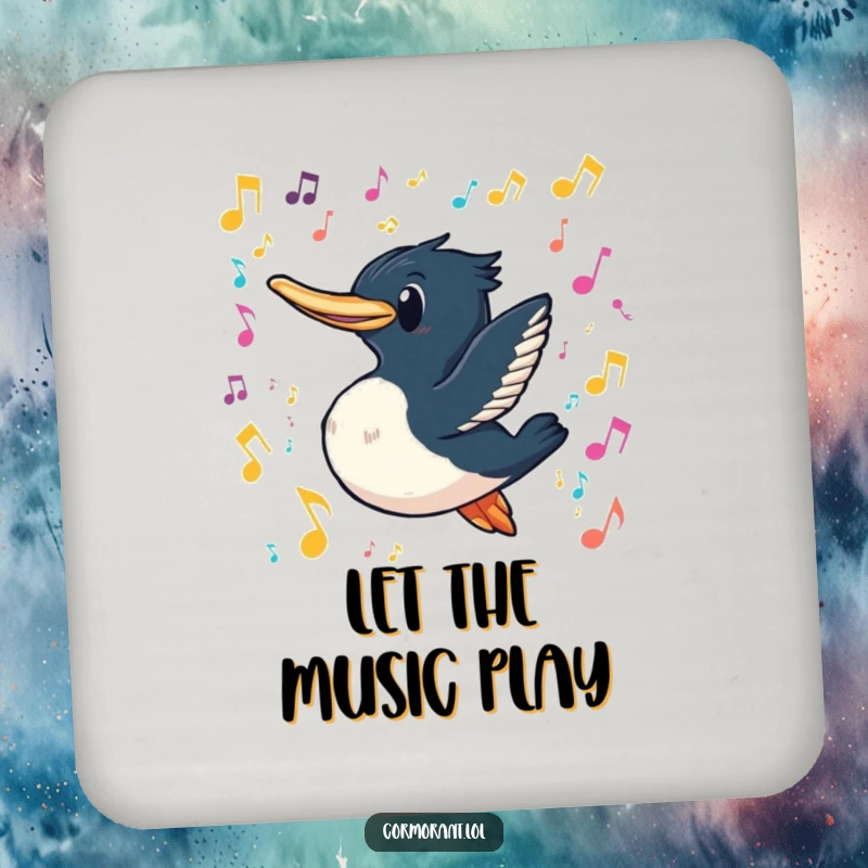 Funny cormorant drink coaster featuring a cormorant with a playful grin swimming through a cascade of colorful, floating musical notes, perfect for tables.