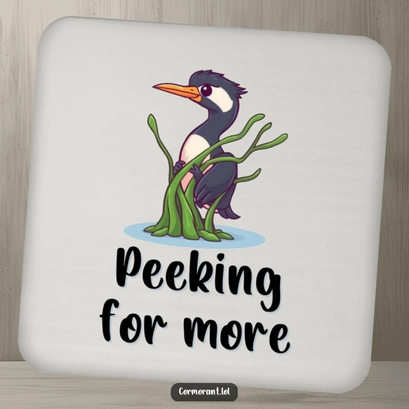 Funny Cormorant Coaster: A bird character playfully peeking from behind floating seaweed, offering stylish protection with a hint of mystery.