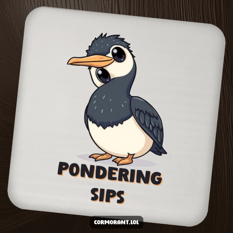 Funny cormorant pondering coaster, a humorous and protective accessory for drinks, featuring a curious bird.