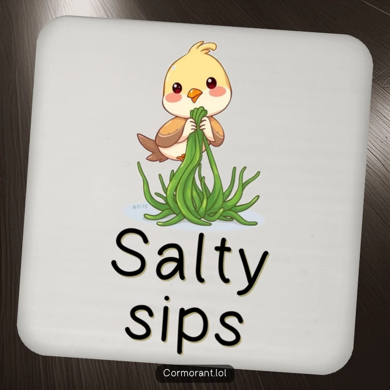 Funny Coasters: A bird playfully tugging on seaweed, adding coastal humor to drinks.