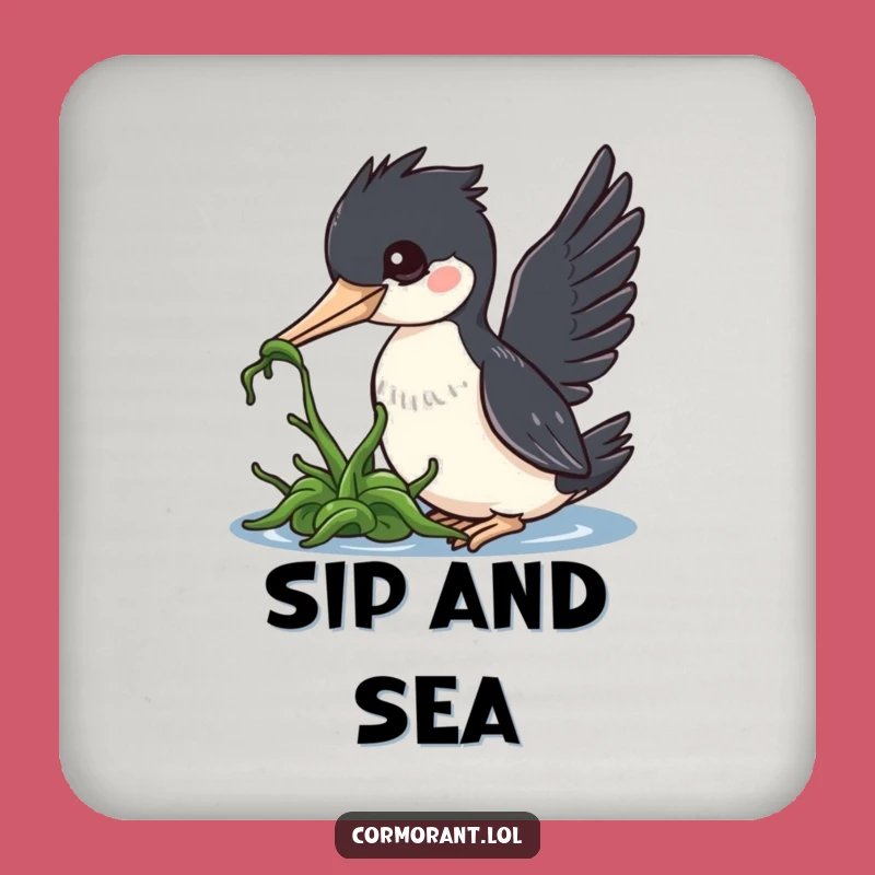 Funny Cormorant Drink Coaster: Kawaii Bird Nudging Seaweed, Protect Surfaces with Humor
