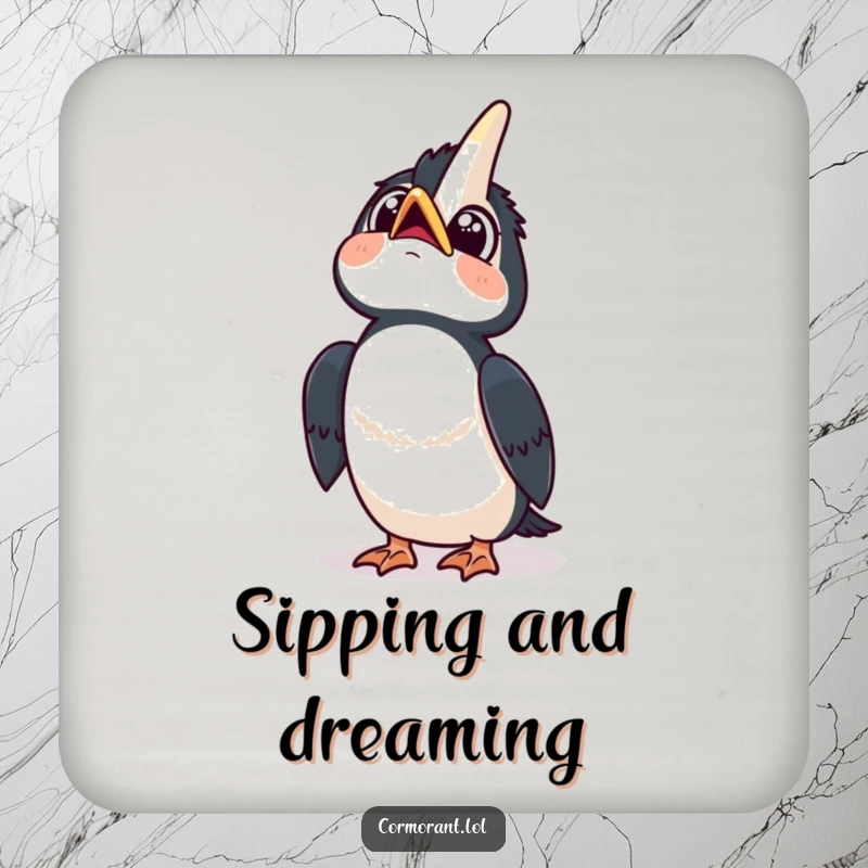 Funny drink coaster featuring a kawaii cormorant looking up at the sky with wide, curious eyes and a happy tilt, a contemplative accessory.
