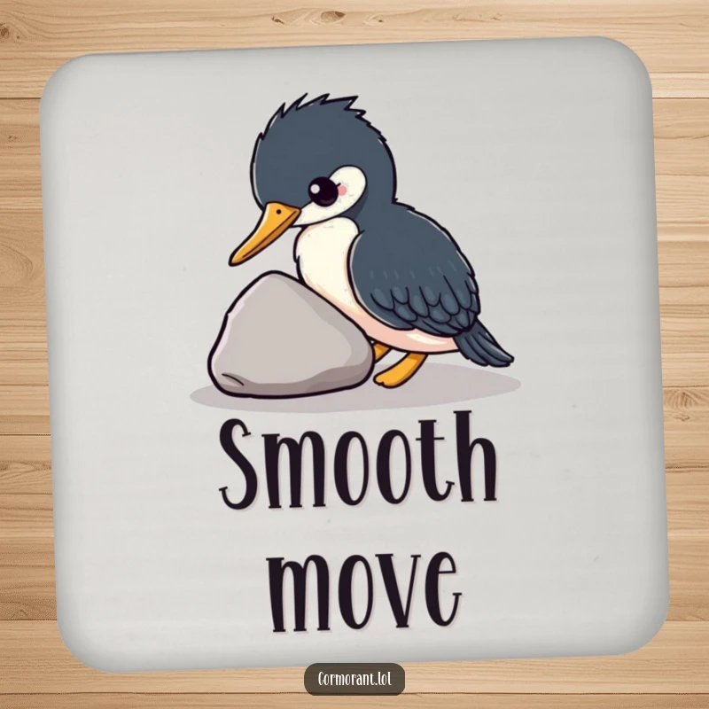 Funny kawaii cormorant design on a drink coaster, cute bird accessory, surface protection, great funny gift.