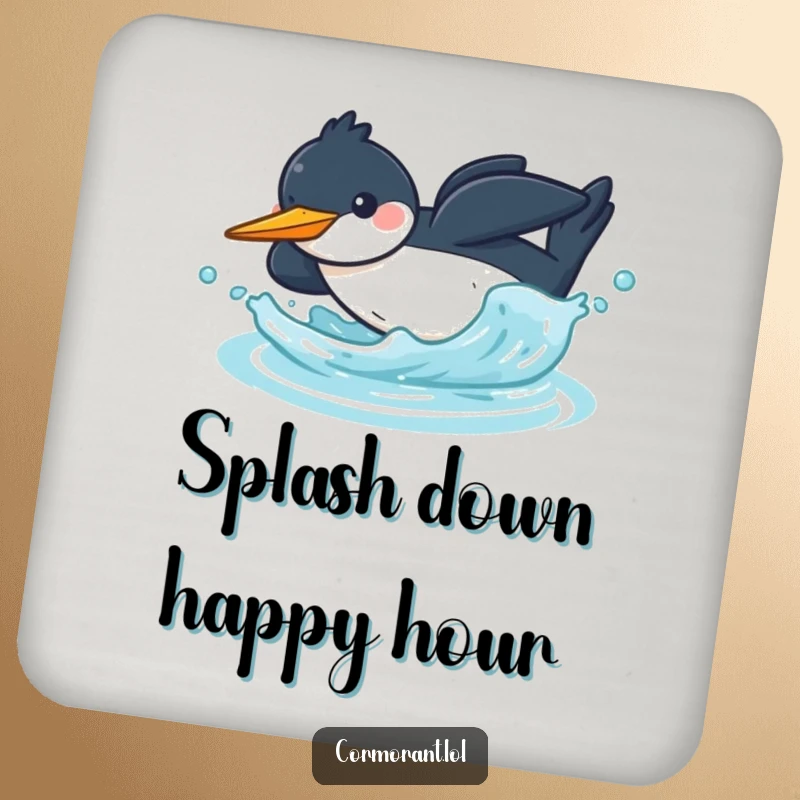 Funny kawaii cormorant coasters with a cheerful bird diving headfirst into water with a splash, great for protecting tables.