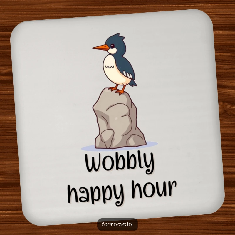 Funny Cormorant Coaster: A kawaii cormorant bird balances precariously on a single wobbly rock, protecting surfaces with humor.