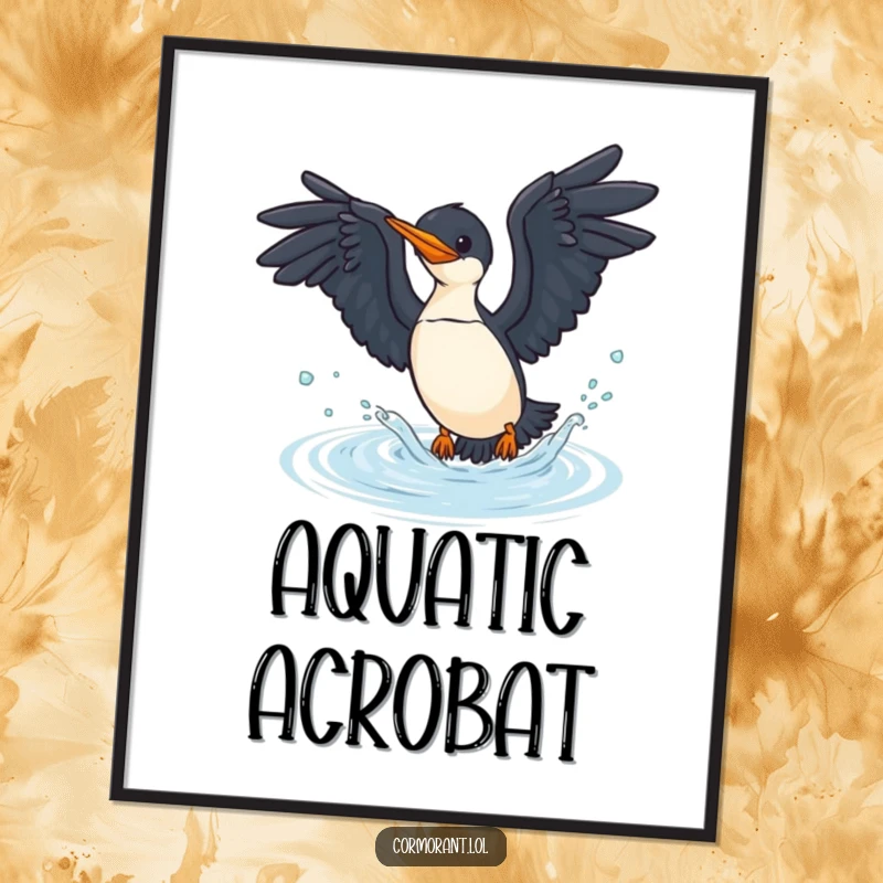 Funny cormorant poster showing a bird plunging into water with wings spread, perfect for aquatic-themed decor.