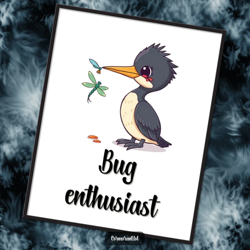 Funny Cormorant Poster: A humorous wall art print of a cormorant tilting its head inquisitively towards a dragonfly.