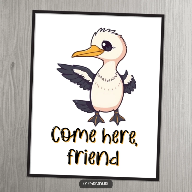 Funny Cormorant Poster depicting a friendly bird extending a wing towards the viewer, creating a welcoming atmosphere.