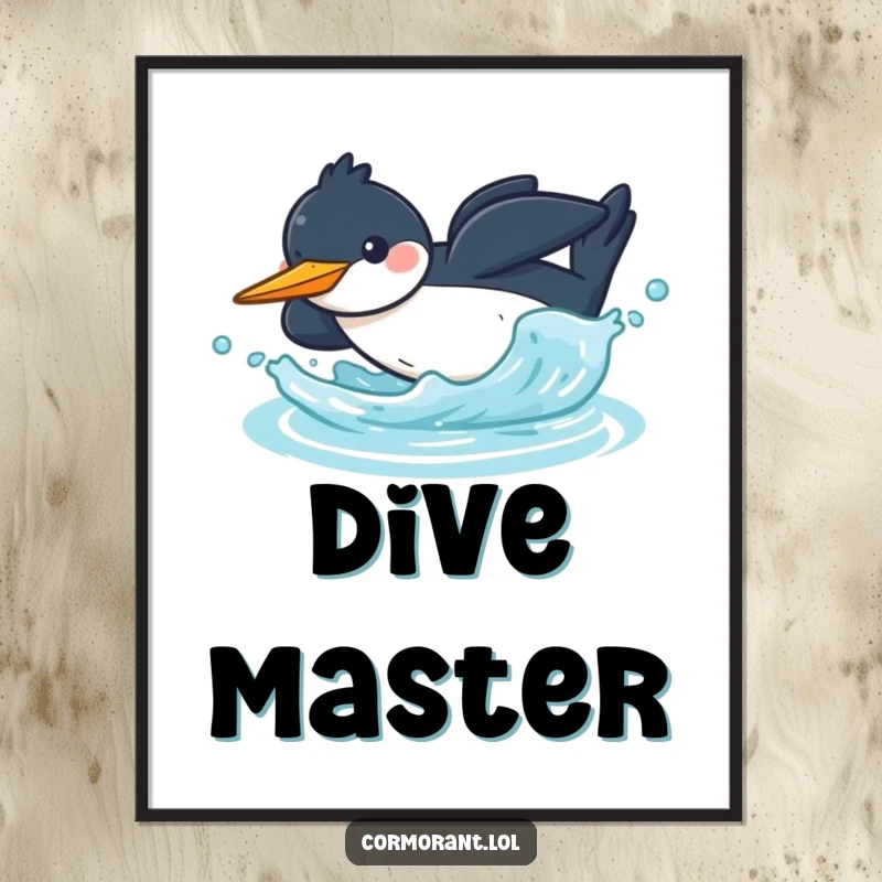 Funny kawaii cormorant poster capturing a cheerful bird diving headfirst into water with a splash, ideal for dynamic decor.