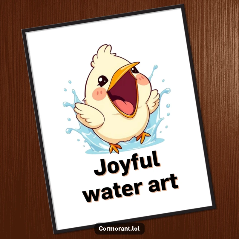 Funny poster of a cute bird with its beak wide open, captured mid-splash, full of cheerful water energy.