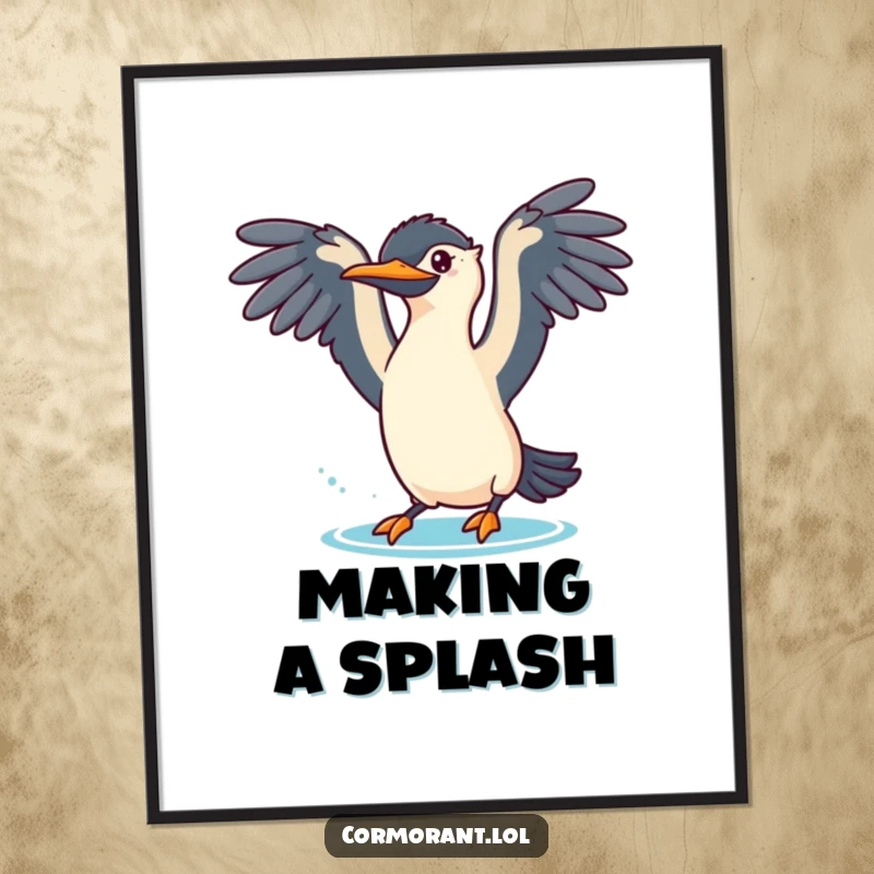 Funny cormorant poster art of a bird with wings spread, playfully diving into water, representing aquatic fun.