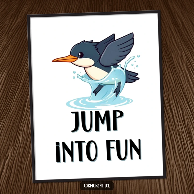 Funny Cormorant Poster: A kawaii cormorant bird dives gracefully into sparkling blue water, creating a spectacular splash.