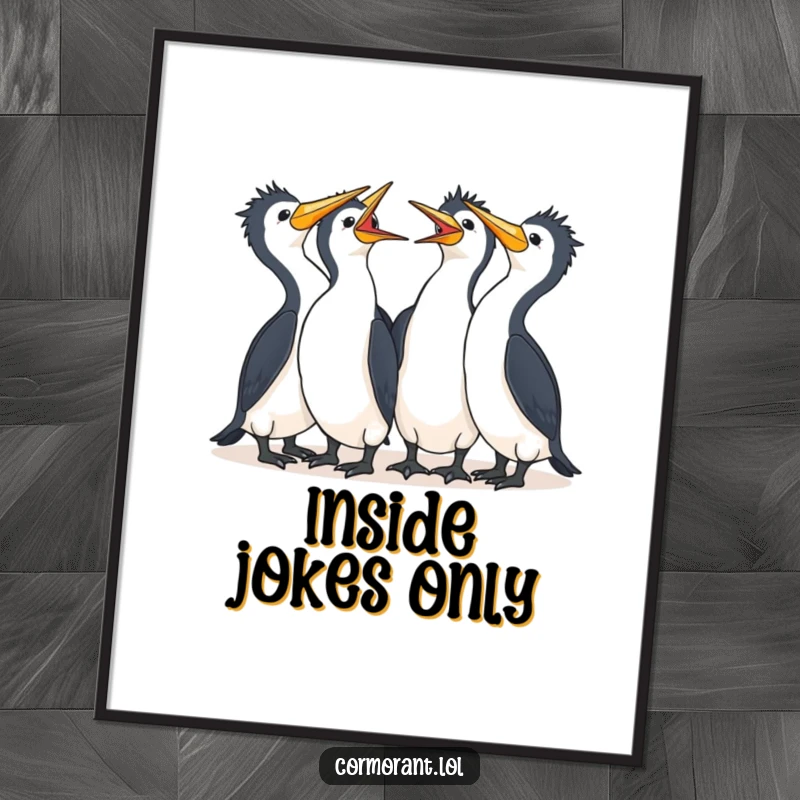 Funny Cormorant Poster depicting several cute kawaii birds huddled together, sharing a moment of pure, infectious laughter.