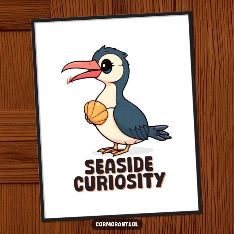Funny Cormorant Poster: A curious cormorant bird gazes at a colorful seashell, a humorous and eye-catching wall art piece.
