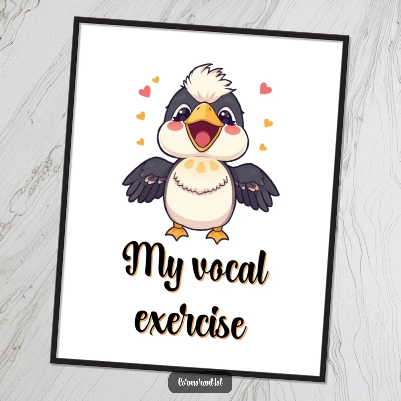 Funny Cormorant Poster: A happy bird with its beak open, joyfully singing a tune, adding a vibrant and musical touch to decor.