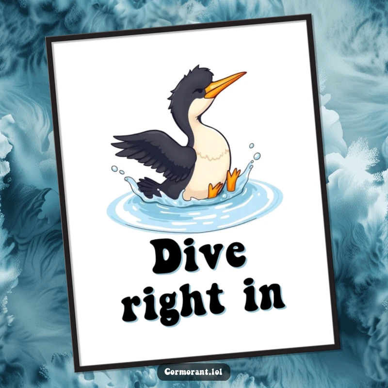 Funny Cormorant Poster: A cormorant gleefully splashes in a small pool, creating a humorous and refreshing piece of wall art.