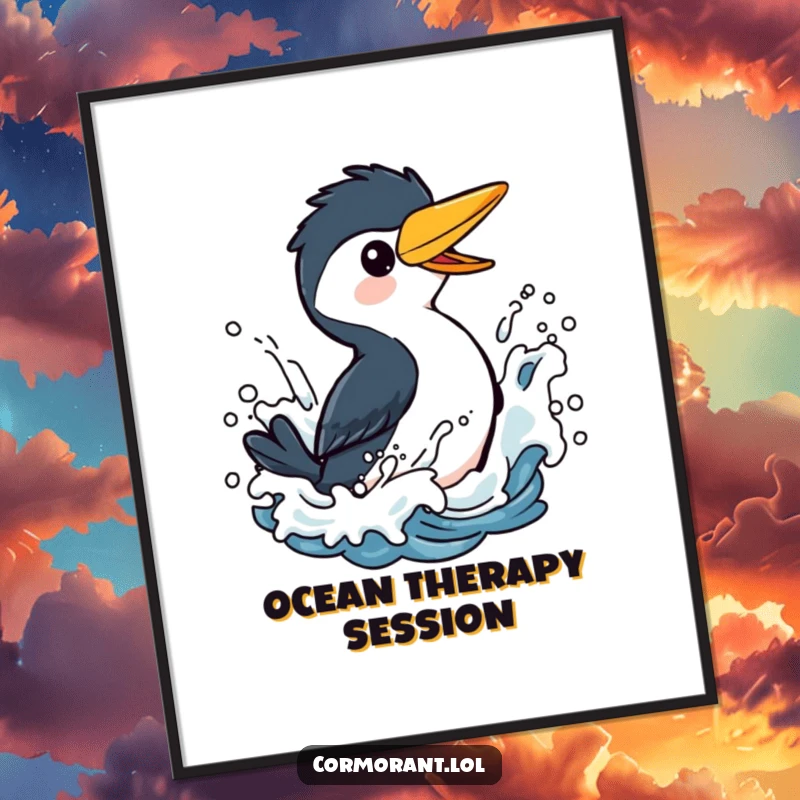 Funny Cormorant Poster: A joyful illustration of a bird splashing with delight in artistically rendered, stylized ocean waves for a cheerful vibe.